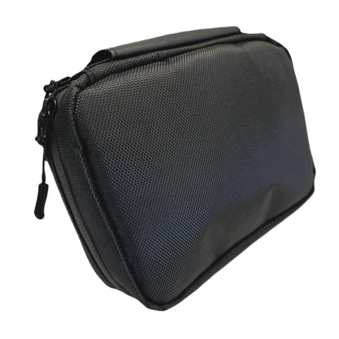 Front view of black medical kit case with zipper and textured fabric, 6x8 inches.