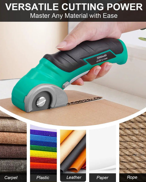 Top Christmas Stocking Stuffers For Men And Adults Ultra Lightweight Cordless Electric Scissors cutting through cardboard.