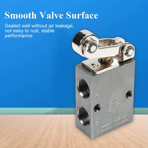 Pneumatic Air Control Solenoid Valve S3R08 3 Way 2 Position Roller Lever Arm Valve with aluminum body on blue background