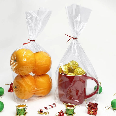 Flat Bottom Cellophane Bags 7x3x12 Inches Clear Treat Bags For Cookies, 100 Pieces With Twist Ties, Filled with Oranges and Chocolates