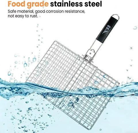 Portable Stainless Steel BBQ Grill Basket with Folding Handle for Camping above water showcasing corrosion resistance.