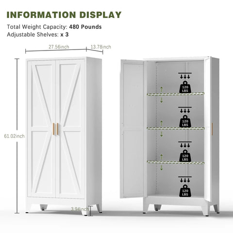 Huge 61 Inch Farmhouse Pantry Cabinet With Two Barn Doors, White Finish, Four Storage Tiers And Three Adjustable Shelves