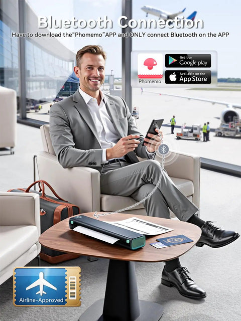 Man using Ultra Portable Bluetooth Thermal Printer For Travel And On The Go Home Use, Inkless Printing on 8.5 by 11 Letter Paper.
