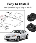 Two Pack Sun Visor Support Retainer Clips For Chrysler 200 2011 2014 And Dodge Avenger 2011 2014 shown with installation diagram and car