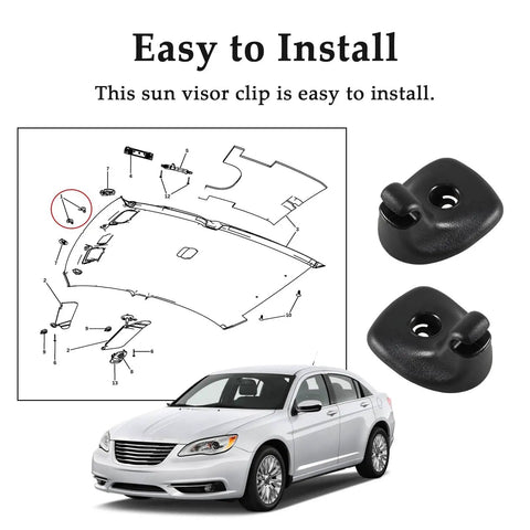 Two Pack Sun Visor Support Retainer Clips For Chrysler 200 2011 2014 And Dodge Avenger 2011 2014 shown with installation diagram and car