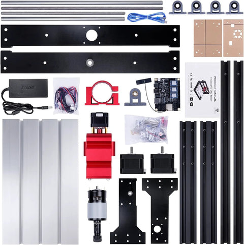 Twotrees TTC3018 Pro CNC router kit with all-metal frame, motors, controller, power supply, and hardware laid out.