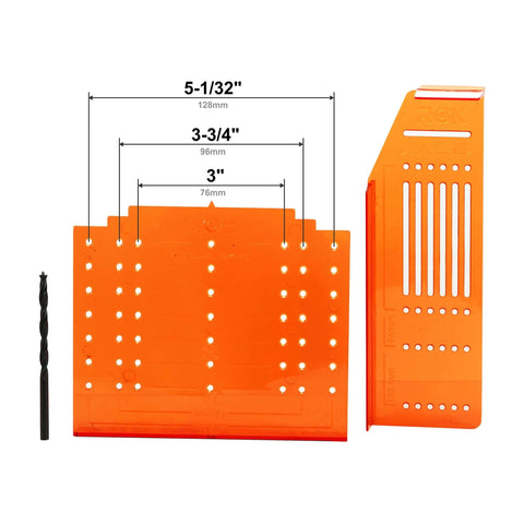 DIY Friendly No-Fuss All In One Cabinet Door And Drawer Drill Mounting Template For Precise Knob And Pull Installation shown with drill bit and holes for spacing 3", 3-3/4", and 5-1/32"