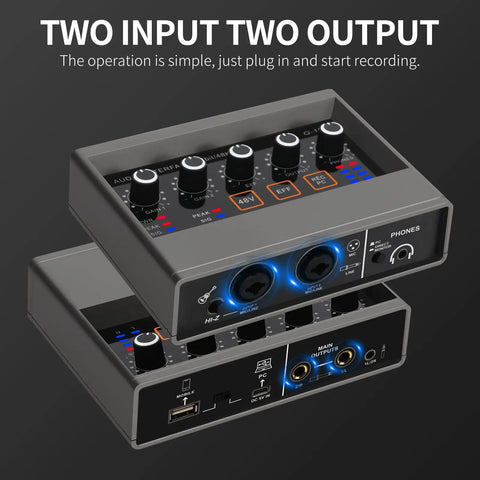 USB Audio Interface For PC With Touch Model 16 Bit 48 kHz Audio Quality DSP Effects 48V Phantom Power XLR Input Great For Recording Music Live Streaming And Home Studio Q 16 Compact Design showing two inputs, two outputs.