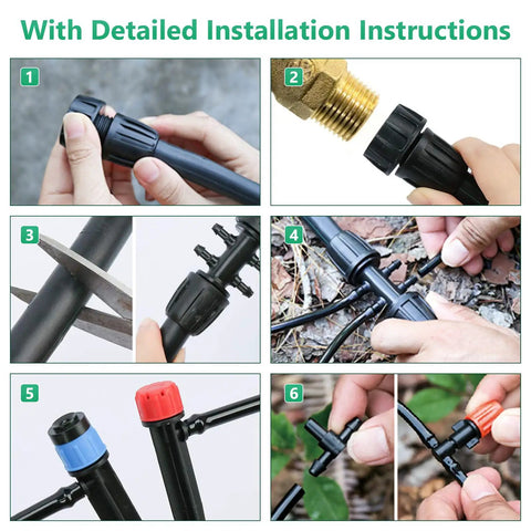 Step-by-step installation of 256Ft Drip Irrigation Kit For Backyard Garden Greenhouse with tubing and emitters