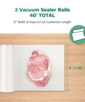 8x20 Inch Vacuum Sealer Bags For Food, 2 Rolls shown with raw meat, customizable length, suitable for freezing and sous vide cooking