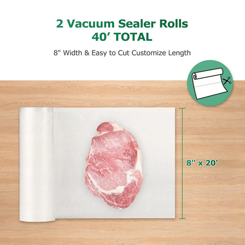8x20 Inch Vacuum Sealer Bags For Food, 2 Rolls shown with raw meat, customizable length, suitable for freezing and sous vide cooking