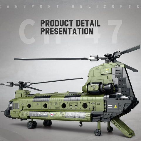 Chinook Helicopter Model Kit With 1451 Pieces Building Block Set for military aircraft fans, showcasing detailed side view.
