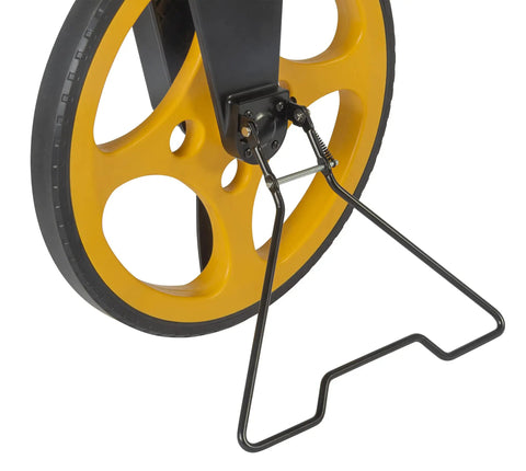 Rugged Pro 12 Inch Diameter Measuring Wheel Measures Up To 10,000 Yards with yellow high traction flat PU tire and brake lever.