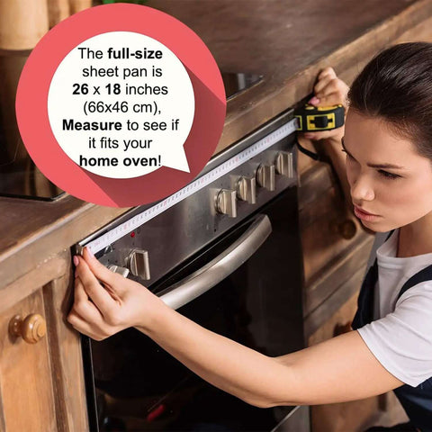 Woman measuring oven for full-size sheet pan with text overlay about pan dimensions.