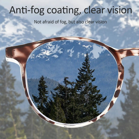 Anti Fog Safety Glasses With Side And Top Shields And Round Frame showing clear vision against mountain backdrop
