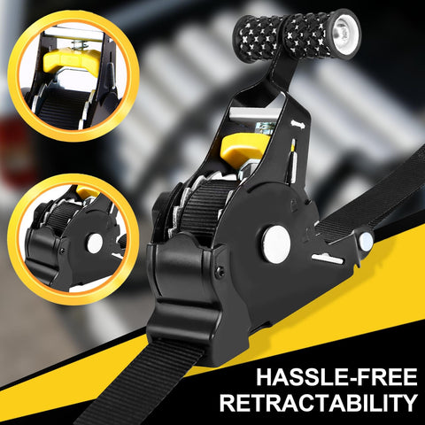 Heavy Duty 1 Inch By 10 Foot Retractable Ratchet Straps Set With Soft Loop Handles close-up showing smooth operation feature
