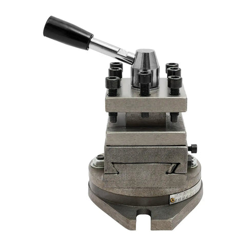 Top Shelf AT300 Compatible Mini Lathe Tool Post Assembly With Quick Swap Dial, cast iron build for efficient machining.