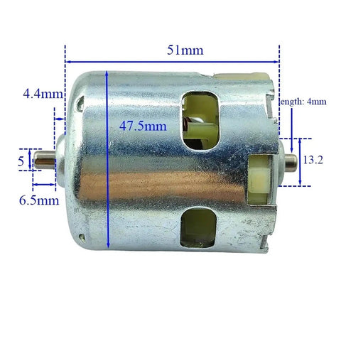 Compact Small Rs-855 Electric Motor DC Unit Runs Smooth 12V 14.4V 18V with dimensions 51mm x 47.5mm x 44mm.