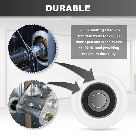 Nylon Garage Door Roller Bearings Set, 2 Inch Wheel, Sealed Quiet, 4 Inch Stem, White, Pack Of 10, 6200ZZ Compatible