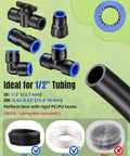 20 Piece Quick Connect Drip Irrigation Fittings Kit For 1/2 Inch Tubing with connectors and compatible tubing sizes shown