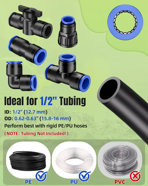 20 Piece Quick Connect Drip Irrigation Fittings Kit For 1/2 Inch Tubing with connectors and compatible tubing sizes shown