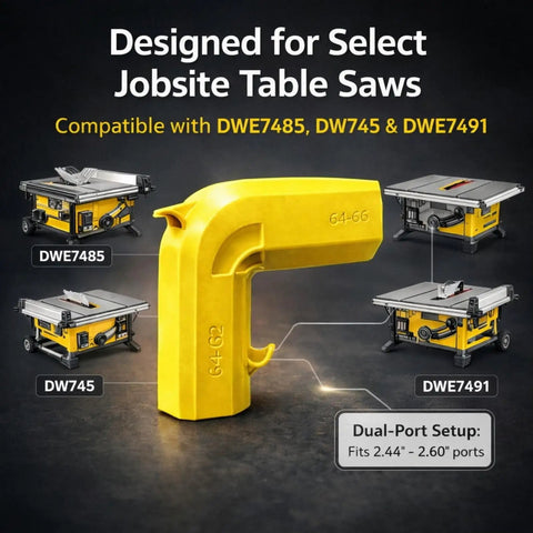 Dual Port Dust Collection Adapter For Table Saws 2.5 Inch, 62 To 66mm Universal Fit, No Tools Needed, featured with saw models.