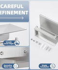 Brushed Nickel Toilet Paper Holder With Large Phone Shelf, 304 Stainless Steel Wall Mounted Bathroom Paper Roll Dispenser shown in detail with installation accessories.