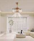 Vintage Industrial Caged Ceiling Fan Light Fixture with Remote,7-Blade Fan in modern living room setting.
