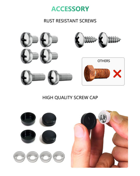 Universal Front License Plate Mount Bracket screws and caps with rust-resistant feature, part of car plate holder kit.
