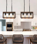 Industrial Farmhouse Three Light Pendant Ceiling Light With Wood Grain Finish, Adjustable Height Kitchen Island Lighting installed