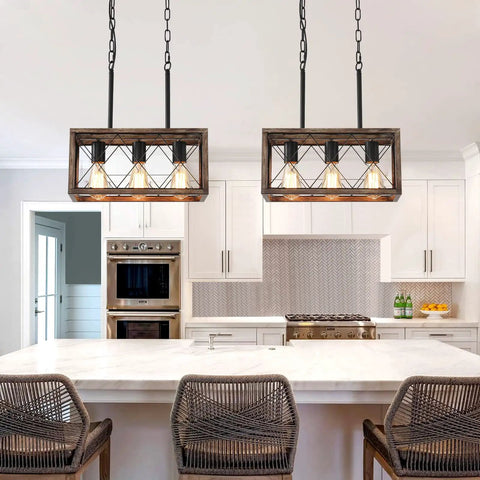Industrial Farmhouse Three Light Pendant Ceiling Light With Wood Grain Finish, Adjustable Height Kitchen Island Lighting installed