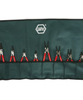 Eight Piece Pliers Set With Hardened Tips And Forged CV Tool Steel, showing pliers in a green carrier with red soft vinyl grips.