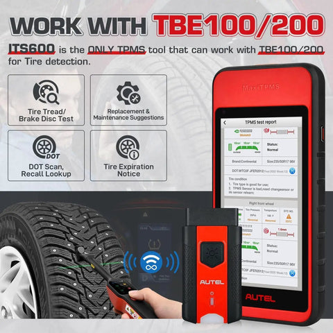 OE Level Complete TPMS Programming Tool For Vehicles Pro Grade Diagnostics With Sensor Relearn And Reprogram All TPMS Sensors Universal Compatibility For Cars And Light Trucks ITS600E Must Have shown with handheld scanner and tablet display