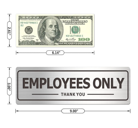 Two Pack Employees Only Door Sign For Office And Business Durable Aluminum Metal Sign With Strong Self Adhesive Weatherproof Indoor Outdoor Brushed Nickel Black Finish Nine By Three Inches next to a dollar bill for size comparison.