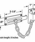 Diagram of Keyed Chain Door Guard U 9914 in steel with antique brass finish dimensions for storm doors.
