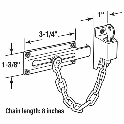 Diagram of Keyed Chain Door Guard U 9914 in steel with antique brass finish dimensions for storm doors.