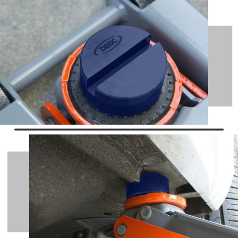 Blue Floor Jack Pad Universal Jack Stand Rubber Pinch Protector Car Adapter Kit 2 Pack 3 Ton Capacity For Cars SUVs Trucks Sedans MPVs Pickups Oil Change And Tire Repair Must Have Tool installed on vehicle jack lifting point