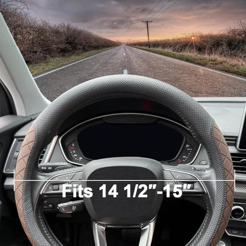 Kick It Up A Notch With Premium Nappa Leather Steering Wheel Cover Boasting Sharp Diamond Quilting For A Grippy Nonslip Feel That Keeps Your Hands Comfy During Every Long Haul Or City Commute In Smooth Black Brown Styling, fitting 14.5-15 inch steering wheels.