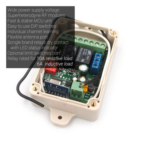 Close-up of Secure Wireless RF Remote Control Relay Switch Kit With 2 Channel Receiver in open beige case showing components