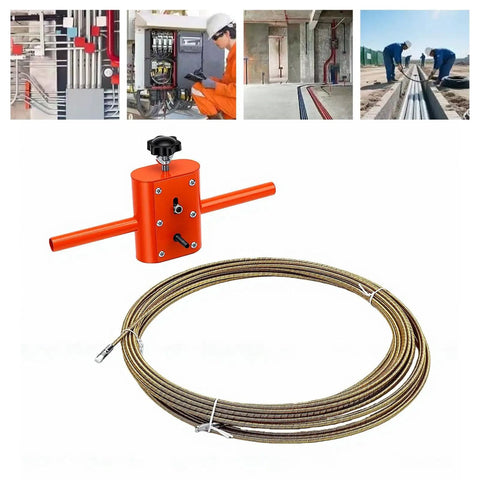 Semi Automatic Cable Threading Tool Kit With Lightweight Aluminum Alloy Build And One Button Clamp, Works For One Eighth To Five Sixteenth Inch Pipes, Ideal For Fast Wall Wiring And Hidden Conduit Installations, orange tool and cable coil