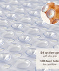 Close-up of Big Time Grip Non Slip Bathtub Shower Mat Features Heavy Duty Suction Cups For Zero Slip Drains Quick Dry Cutouts Made From Soft Bendable Tpe For Super Chill Foot Comfort And Hassle Free Rinse Clear Thirty Five By Sixteen Inch Layout highlighting suction cups and drain holes.
