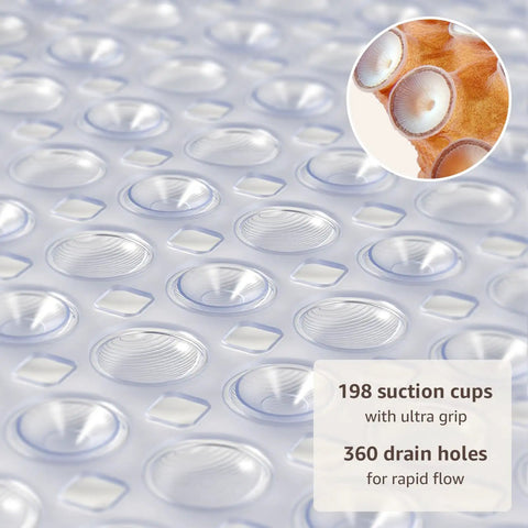 Close-up of Big Time Grip Non Slip Bathtub Shower Mat Features Heavy Duty Suction Cups For Zero Slip Drains Quick Dry Cutouts Made From Soft Bendable Tpe For Super Chill Foot Comfort And Hassle Free Rinse Clear Thirty Five By Sixteen Inch Layout highlighting suction cups and drain holes.