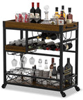 Bar cart with black metal frame and dark wood shelves; 3 tiers, wine rack, glassware, and locking casters.