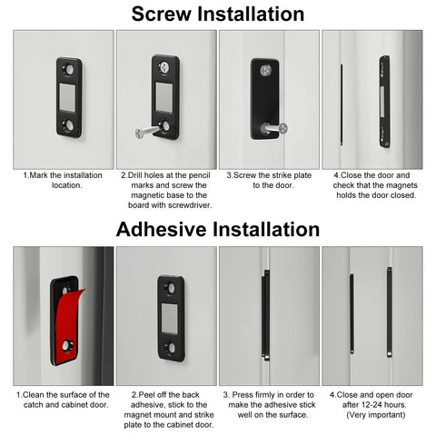 Installation steps for Ultra Thin Magnetic Cabinet Catch 8 Pack Stick On Drawer Magnets Latch Closures For Cabinets Kitchen Closet Doors Magnetic Door Catch Closer With Strong Hold Around 10 Pounds, showing screw and adhesive methods.