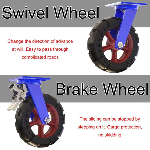Heavy Duty Caster Set Of Four With Locking Brakes And Professional Rubber Swivel Wheels designed for maneuverability across various surfaces.