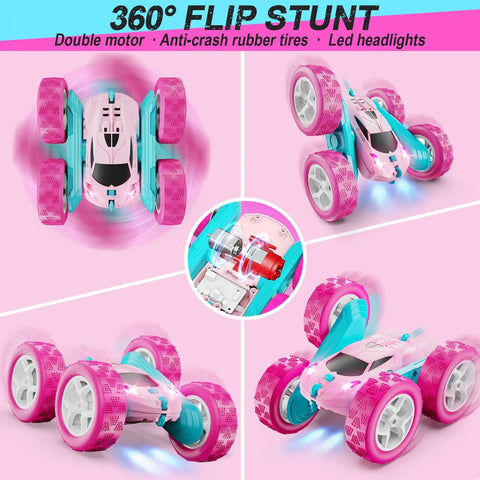 Pink Remote Control Car For Girls, 2.4GHz dual sided stunt RC car with LED headlights and rotating wheels shown in different angles
