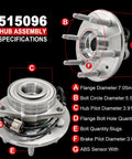 Beefed-Up Front Wheel Bearing Hub Assembly For 4WD And AWD With ABS 6 Lug Fits GM Full Size Trucks And SUVs From Tahoe To Suburban To Silverado And Escalade 07-14 Easy Install Durable Replacement, showing specifications and design details.