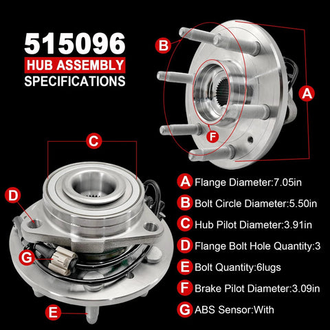 Beefed-Up Front Wheel Bearing Hub Assembly For 4WD And AWD With ABS 6 Lug Fits GM Full Size Trucks And SUVs From Tahoe To Suburban To Silverado And Escalade 07-14 Easy Install Durable Replacement, showing specifications and design details.
