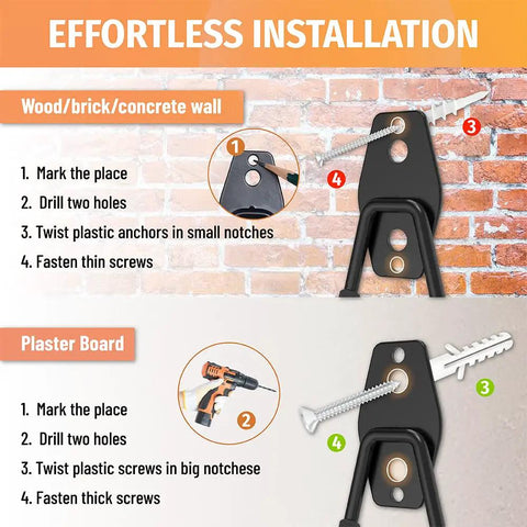 Installation guide for Heavy Duty Garage Storage Hooks 4 Pack for Bikes and Ladders with 80 Pound Capacity Wall Mount Organizer.