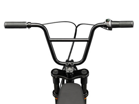 Hurricane Compact Electric Bike With 30 Mile Range, 400W Peak Motor, Mechanical Disc Brakes, 14 Inch Wheels, Ages 13 Plus, Black, Ready To Roll For Fun City Cruising And Quick Commutes handlebar view